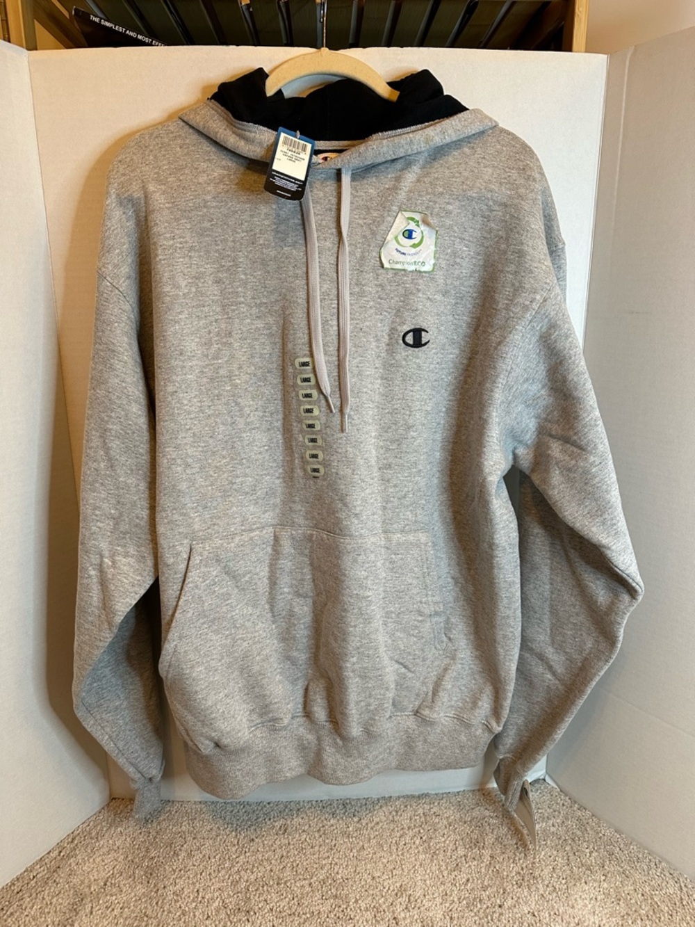Champion Gray Crewneck Hoodie with Black Lined Hood, Large, NWT